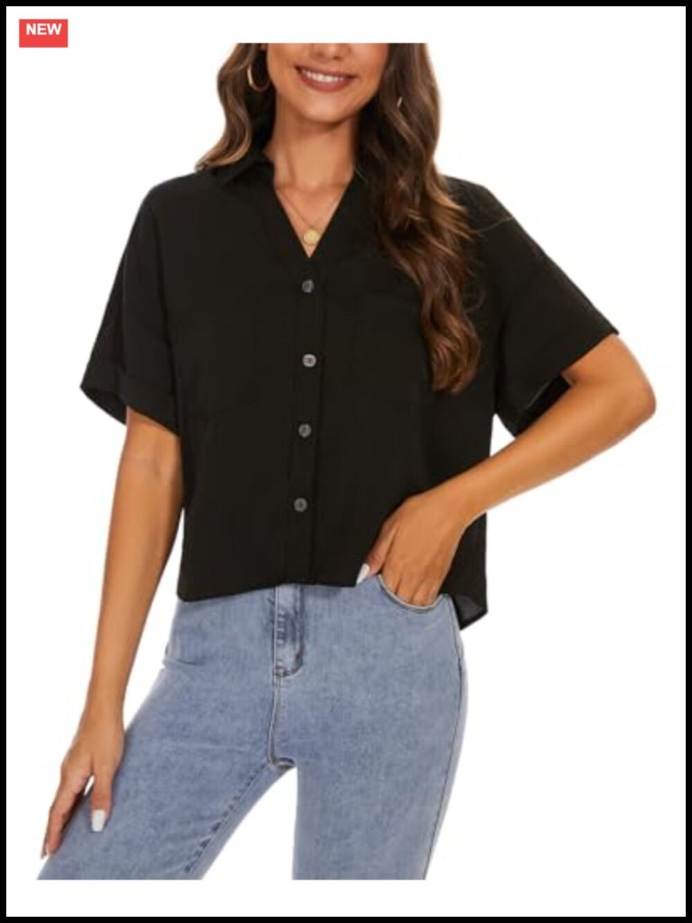 Womens Crop Top Button Down Short Sleeve High Low Hem Blouse